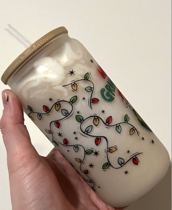 Merry Grinchmas Glass Can Cup Holiday Seasonal