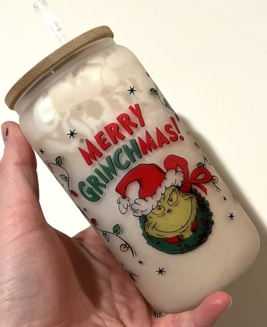 Merry Grinchmas Glass Can Cup Holiday Seasonal